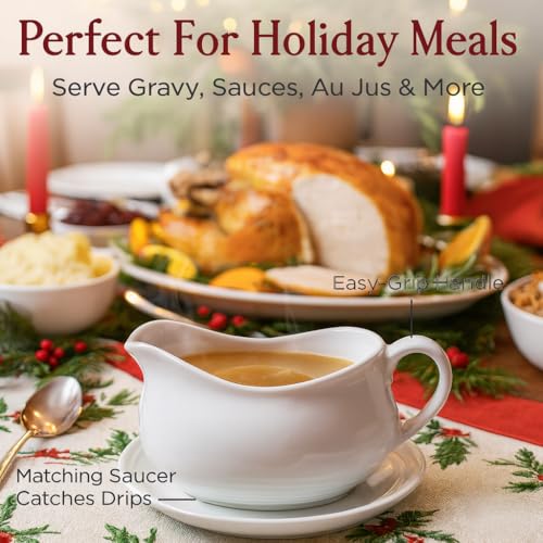 Image of HIC Kitchen Hotel Gravy Boat With Saucer, Fine Porcelain, 24-Ounce Capacity For Gravy, Sauce, Au Jus, Dressing, Holiday Meals, And Entertaining