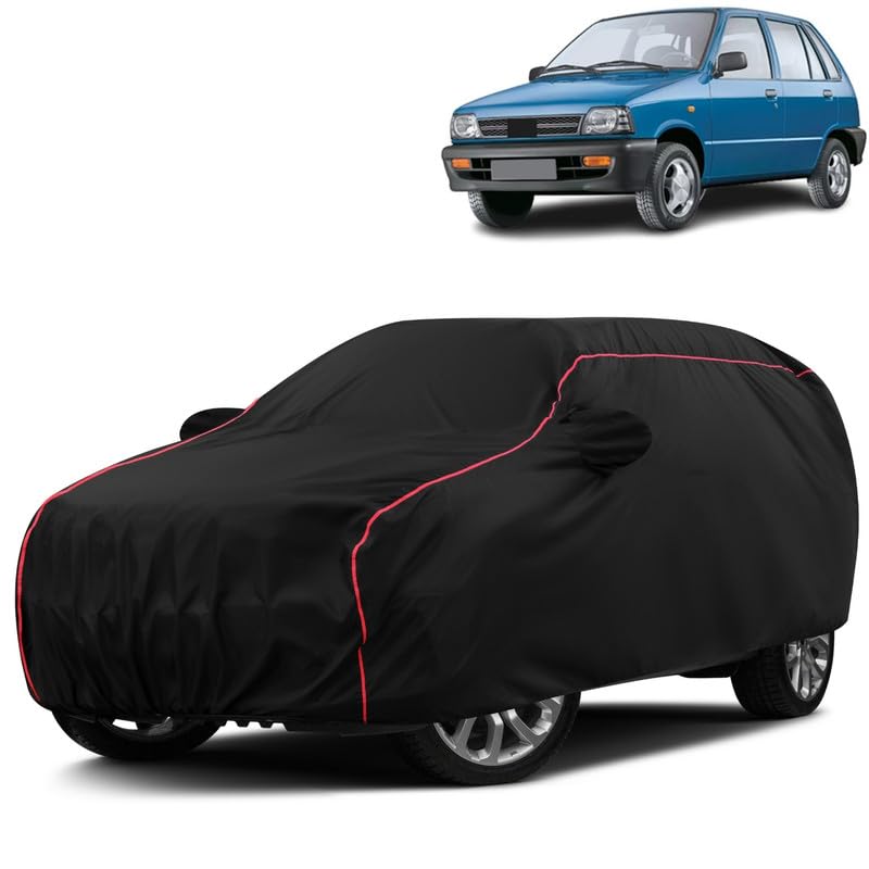 Image of Water-Resistant Dustproof Car Cover for Maruti Suzuki 800 - Mirror Pocket, UV Protection, Scratch Guard, Buckle Belt, Front & Back Bottom Elastic with Red Piping - Black