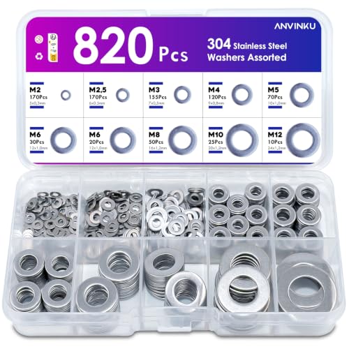 ANVINKU Unterlegscheiben Set 820 Stück Flach Unterlegscheiben Edelstahl 9 Größen Beilagscheiben Sortiment Edelstahl Unterlegscheiben für Schrauben Unterlegscheibe M2 M2.5 M3 M4 M5 M6 M8 M10 M12
