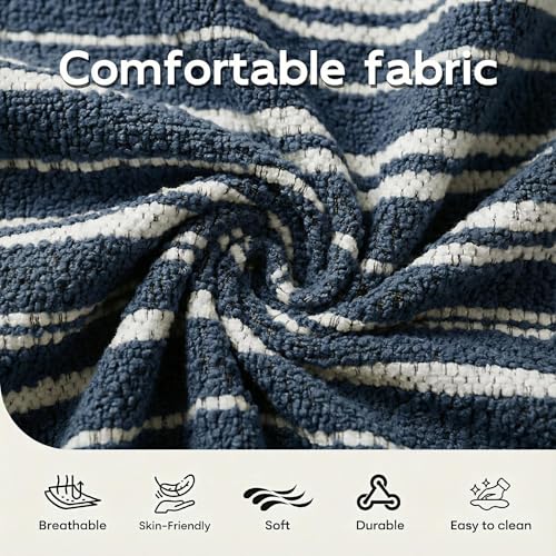 Image of Chenille Accent Chair with Lumbar Pillow, Blue Stripe, Wide Armrests, Deep Seat, 7 Inch High-Density Foam, 350 lbs Capacity