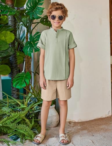 Image of Arshiner Boy's 2 Pieces Linen Sets Short Sleeve Henley Shirt and Shorts Summer Beach Matching Outfits 4-12 Years