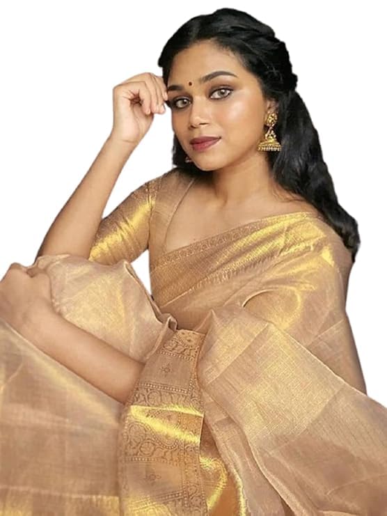 SGF11 Women's Kanjivaram Organza Tissue Pure Soft Silk Saree With Blouse Piece (Cream)