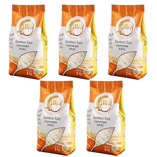 Image of Lihan Supreme XXXL Basmati Rice, 5kg - Premium Aged Long Grain, Extra Long, Fluffy & Aromatic | Ideal for Biryani, Pulao & Daily Meals 1kg (Pack of 5)
