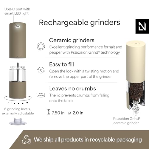 Image of LARS NYSOM Electric Salt and Pepper Grinder Set I Automatic Salt and Pepper Mills with Adjustable Ceramic Grinder I USB Rechargeable Electric Spice Mill Set with LED Light (Brown /Beige)