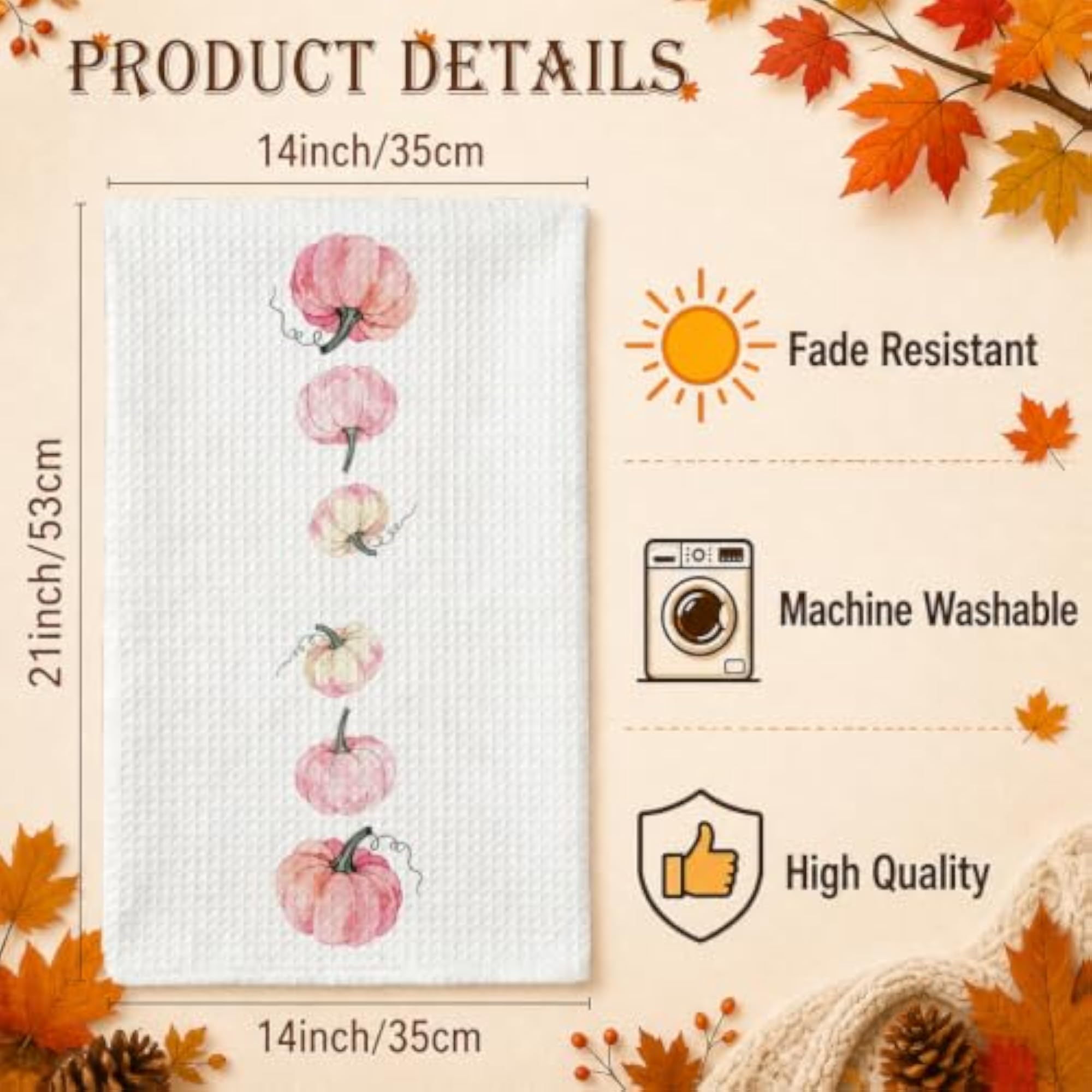 Set of 2 Cotton Fall Kitchen Towels, Pumpkin Pink