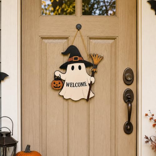 Image of Halloween Decorations - Halloween Wooden Ghost Welcome Sign for Front Door