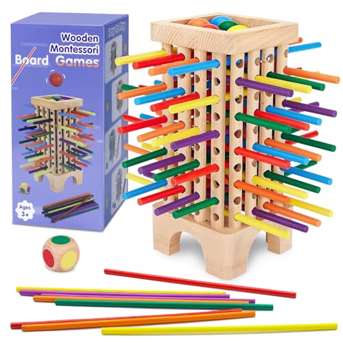 PQETBV Montessori Gioco da Tavola per Famiglie, 42 Pezzi Bastoni di Legno Colorati Giochi da Tavolo Bambini, Giochi Educativi per Bambini 3 4 5 6 Anni Interattivi Gioco da Tavola Famiglia Regalo
