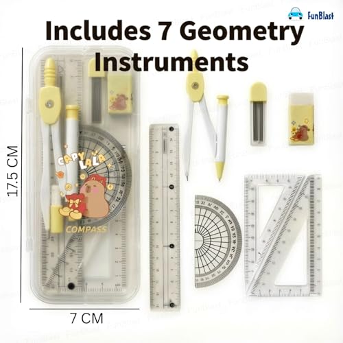 Image of FunBlast Capybara Theme Compass Set - 7 Pcs Transparent Geometry Box with Protector, Set Squares, Ruler, Compasses, Ruler Set, Math Geometry Kit for Student & Professional (Yellow2)