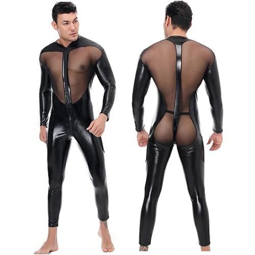 SMGZC Men's Sexy Latex Lace Net yarn stitching Catsuit Leather Jumpsuit Full Body Bodysuit Wet Look Clubwear Clothing - Medium