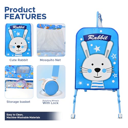Image of Bubblebaby Premium Sturdy & Safe Baby Cradle Jhula /Palna /Bed /Ghodiyu /Baggi /Baby Bedding with Mosquito Net 360 Rotating Wheels & Lock Storage Mattress for 0-13 Months Boys Girls (Blue)1 Count