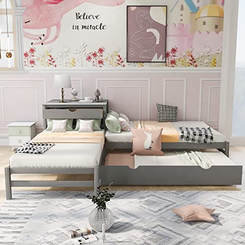 L Shaped Bed, Twin And Full Platform Bed With Trundle And Drawers, Wooden Corner Bed Frame Linked With Built-In Desk For 3 People, Gray #TOP2
