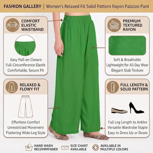 Image of FASHION GALLERY Women's Solid Rayon Palazzo Pants | Relaxed Fit Full Length Wide Leg Palazzo | Elastic Waist Comfortable Casual Lounge Office Ethnic Flared Trousers for Women
