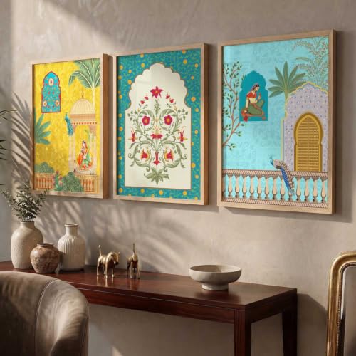 Image of kotart Indian Madhubani Wall Decoration | Madhubani Art Painting With Frame For Living Room Bed Room Hotel Wall Decor Digital Reprint Set of 3 (35x37 Inch)