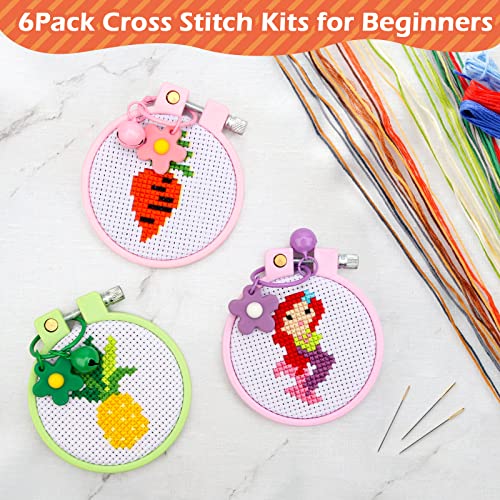 Image of Anglekai 6Pcs Cross Stitch Kits for Beginners, Needlepoint Kits for Beginners Embroidery Starter Set, 6 Embroider Hoops and Cloth / 6 Key Rings /Scissors /Instructions for Crossstitch Decor
