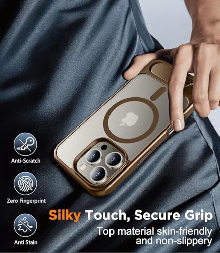 Image of Elzzi Magnetic Cover Compatible For iPhone 16 Pro Max Case with Adjustable Metal Kickstand, Compatible with Mag-Safe Translucent Matte Protective Phone Shockproof Case, Desert Titanium