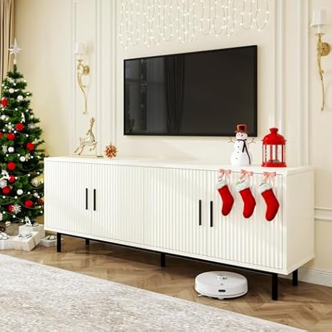 MUUEGM 70" Fluted tv Stand with Storage for Living Room, Entertainment Center Modern TV Stand for TV Up to 80 Inch, Television Media Console Table with Fluted Door and Adjustable Shelf, White Cover
