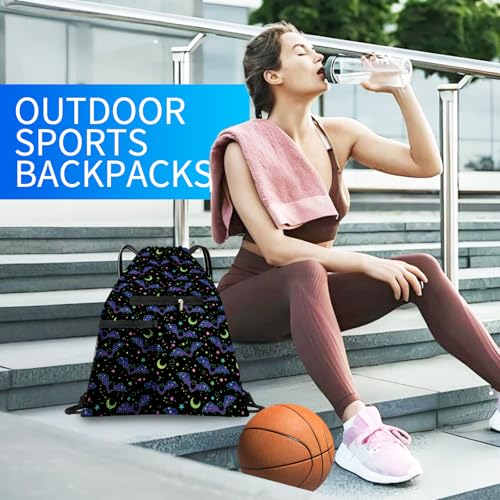 Drawstring Backpack Sports Gym Bag, Large String Swim Bag for Beach With Water Bottle Mesh Pocket, Cute Gym Sack with Zipper Pocket for Men Women Cute Black Bats2