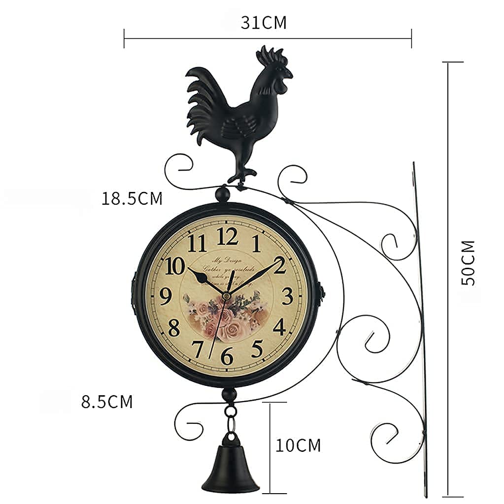 Horloge Murale D'Extérieur, Horloge Murale Décorative Rétro Double Face avec Cloche De Coq, Horloge Silencieuse en Fer Forgé pour Salon, Piscine, Terrasse, W