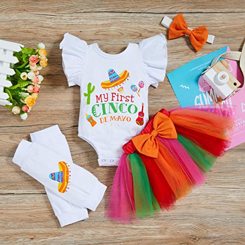 My First Cinco De Mayo Skirt Set Baby Girl Letter Romper+Bowknot Tutu Dress+Uno Leg Warmers+Headband 4Pcs Outfits (Colorful, 3-6 Months) #TOP1