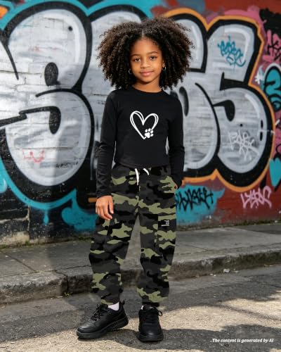 Image of Betusline Girls Fall Winter Clothing Sets, Long Sleeve Crop Top & Cargo Jogger Pants 2 Piece Outfit Sets,4T-14Y