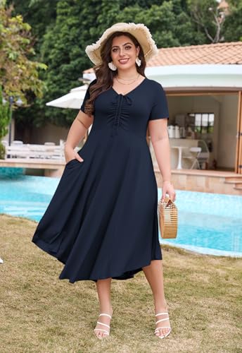 Image of Keluummi Plus Size Maxi Dress for Women V-Neck Short Sleeve with Pockets