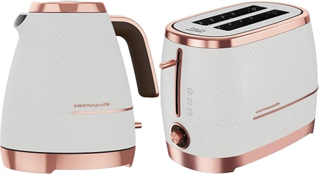 Beko Cosmopolis Dome Kettle WKM8307W, Retro White Rose Gold Design, 1.7L Capacity 3000 W & Cosmopolis Toaster TAM8202W, Retro White Rose Gold Design, Extra Wide Slot 2-Slice Toaster