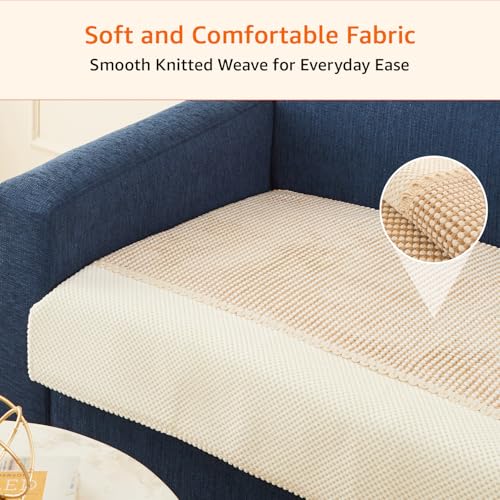 Image of Amazon Basics Knitted Fabric Sofa Cover for Two Seater, Playful Polka Dots, Non-Slip Sofa Pad, 70x120 cm, Soft Silicone Grip Dots, 100% Polyester, Machine Washable - Camel