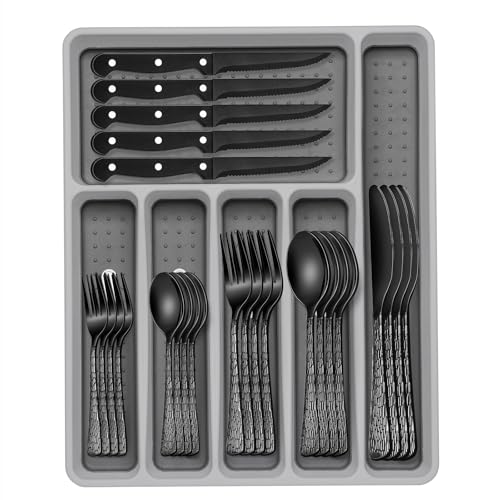Image of 49-Piece Black Silverware Set with Organizer, Food-Grade Stainless Steel Black Flatware for 8, Cutlery Utensil Sets with Steak Knives, Rust-proof, Mirror Polished, Dishwasher Safe, Tree Pattern