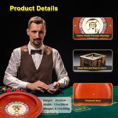 Yhaofu Luxurious Roulette Wheel Game Set,11 inches Soild Wood Casino Grade Roulette Game Set,Roulette Wheel can be Very Quiet and Smooth Rotation, Perfect for Night Family Games and Professional use