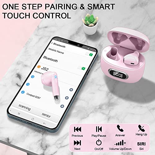 Image of Wireless Earbuds, Bluetooth Headphones, Stereo Bass Ear Buds with ENC Noise Cancelling Mics,42H Bluetooth Earbuds with LED Display Charging Case, IP7 Waterproof Earphones for Android iOS /Light pink