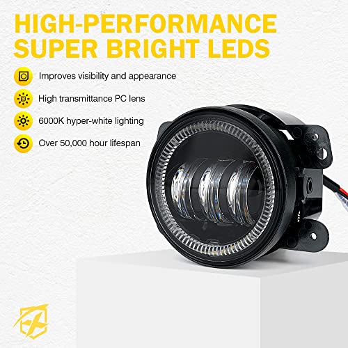 Image of 4 Inch 60W LED Fog Light w /White Halo DRL Compatible with 07-18 Jeep JK JKU | 2 Light Functions, Angel Eye, Adjustable Angle, Waterproof, Plug N Play, DOT Approved