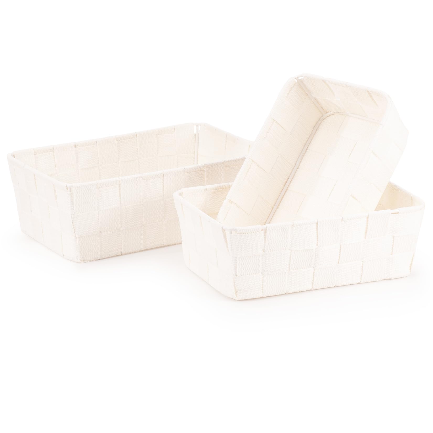 Ehc Set Of 3 Rectangular Basket - Cream Set Of 3 Woven Nestable Storage Boxes, Lightweight Woven Basket For Shelves, Home Organiser Box, Gift Hamper Baskets - Cream