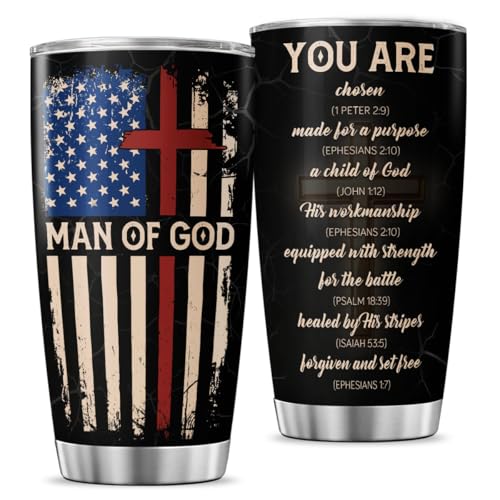 JENOIS Christian Man of God 20oz Insulated Tumbler, Bible Verse Travel Mug with American and Cross, Religious Gift for Men, Spiritual Faith Cup for Dad, Husband, Pastor, Church