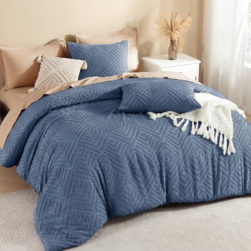 Image of Litanika Oversized King Comforter Set Ocean Blue, 3 Pieces Tufted Boho Farmhouse Bedding Comforter Set, Lightweight Fluffy All Season Comforter Set (120x98In Comforter & 2 Pillowcases)