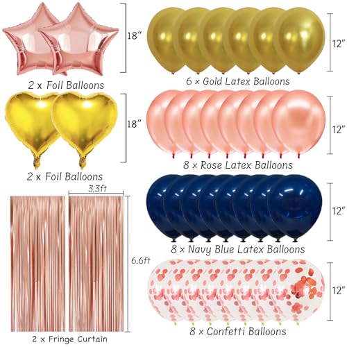 Image of Navy Rose Gold Pink Birthday Party Decorations Supplies Happy Birthday Banner Honeycomb Balls Fringe Curtain Foil Balloons Hanging Swirls Cake Topper Tablecloth Party Supplies for Women Girls