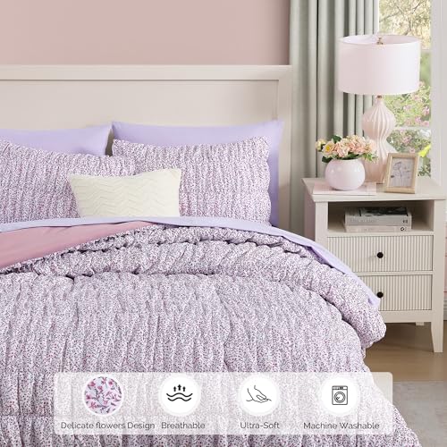 Full Size Comforter Sets - 7 Pieces Puff Light Purple Floral Bedding Set for All Seasons, Shabby Chic Farmhouse Bed in a Bag Full with Floral Comforter, Sheets, Pillowcases & Shams