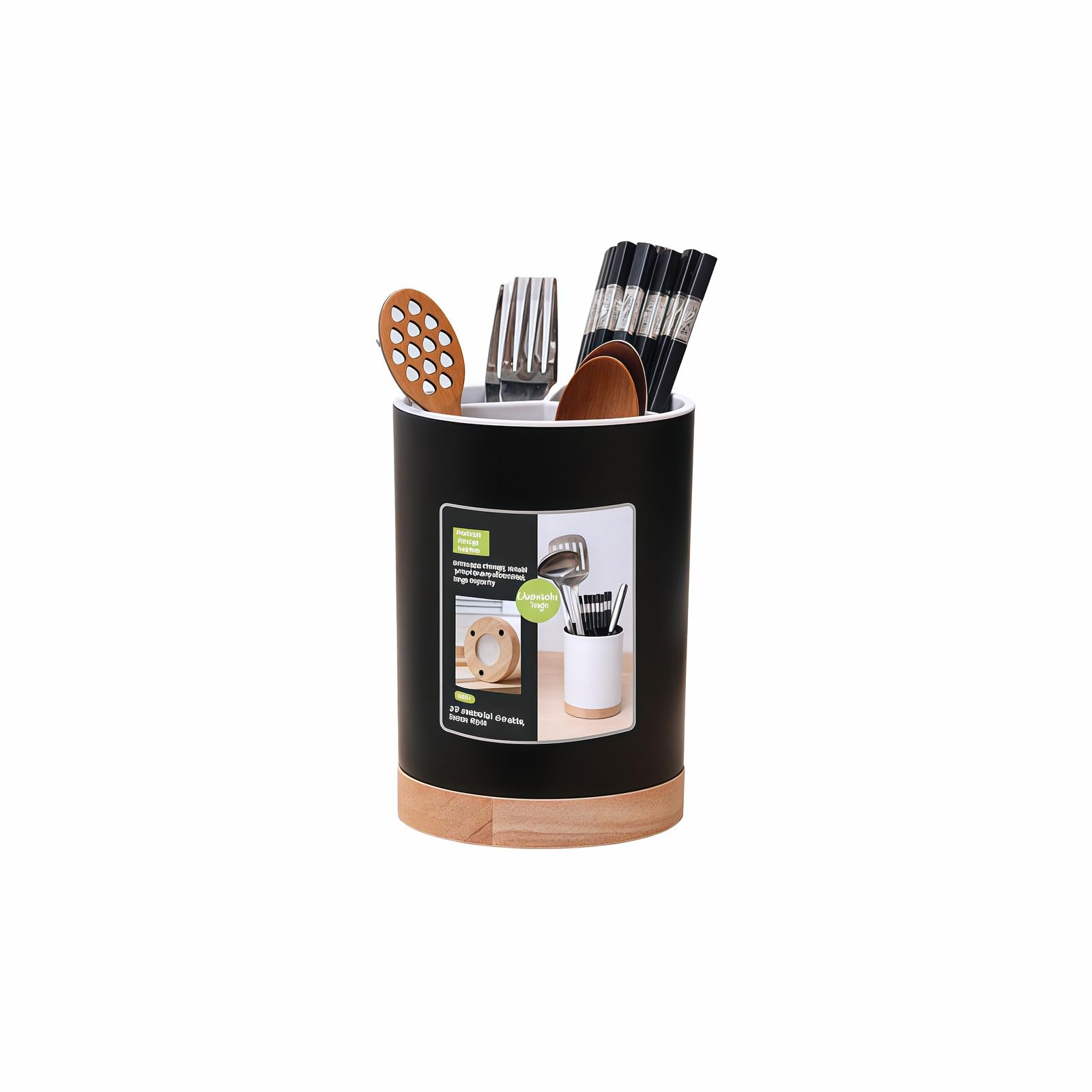 BUBBLE-FLY Modern Kitchen Utensil Holder with Drainage, Black and Wood Base, 3 Compartment Divided Organizer for Spoons Forks Knives, Countertop Caddy
