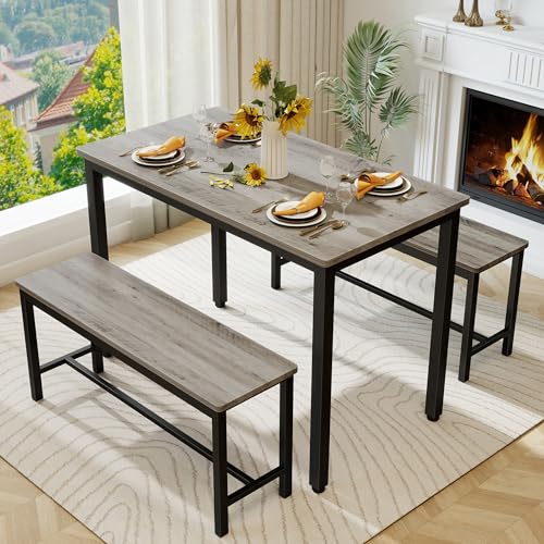 SumKea Dining Table Set for 4, Kitchen Room Table Set with 2 Benches, 3-Piece Dining Chairs Set for Breakfast Nook, Grey