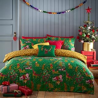 furn. Purrfect Christmas Double Duvet Cover Set, Cotton, Polyester, Green/Gold, PURRFC/D02/GRGL