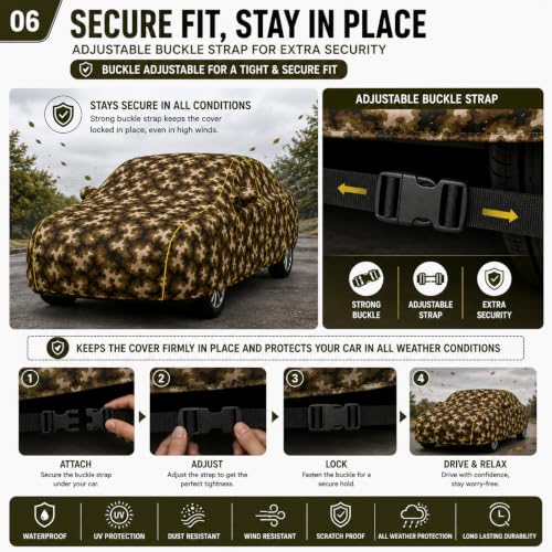 Image of 100% Waterproof Car Cover for Magnite All Weather Protection with Mirror Pocket Inner Cotton Layer Triple Stitched Cover with Adjustable Belt Bottom Elastic to Secure Fit-Jungle
