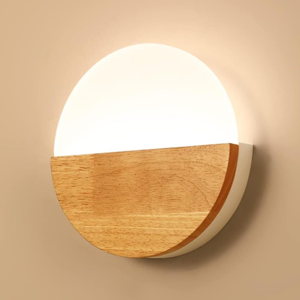 GUOGUOSM Nordic Country Style LED Wall Light, 7.8in Round Wood Acrylic Wall Sconce, Indoor Wall Lamp, Hallway Dressing Table Bedroom Decorative Lighting Fixtures