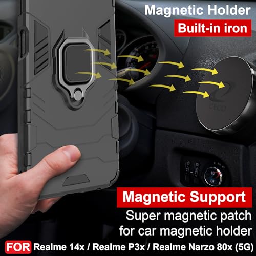 Image of CEDO Kickstand Cover for Realme 14x / Realme P3x / Narzo 80x (5G) Rugged Case | Built-in Stand Rotating Ring Holder | Military Grade Armor Bumper Back Cover (Black)