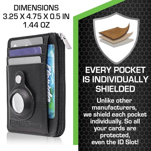 Image of ID Stronghold RFID Blocking Front Pocket Wallet - Slim Minimalist Genuine Leather Wallet with Zipper Coin Pocket (Airtag Black)