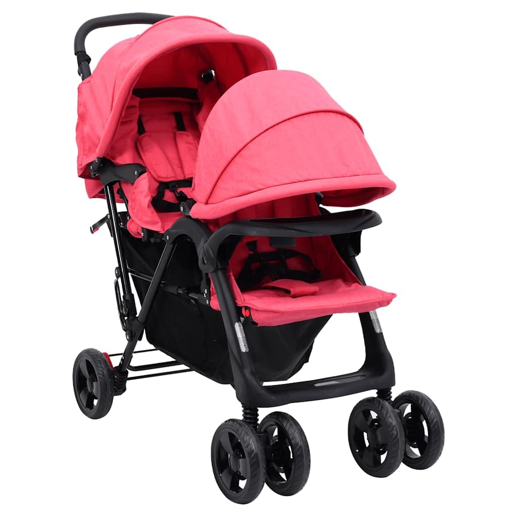 Passeggino gemellare, rosso, acciaio e lino, pieghevole, compatto, adatto per città e terreno, con tettuccio parasole e cestino, per neonati e bambini piccoli