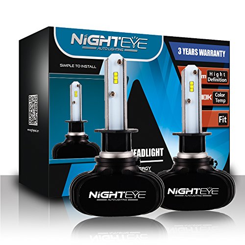 NIGHTEYE Extremely Bright LED Car Headlights Conversion Bulbs - H1 All-in-one Led Bulbs Fanless - 50W High Power 8,000 Lumens 6500K Xenon White CSP Chipsets for Replace Headlight or Fog Lights