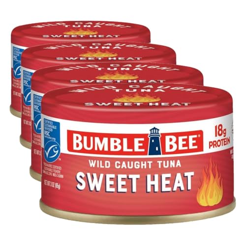 Bumble Bee Snackers - Sweet Heat Tuna, 3 oz Easy Open Can - 18g Protein per Serving - Wild Caught Skipjack Chunk Light Tuna Pack - No Draining, Ready to Eat (Pack of 4)