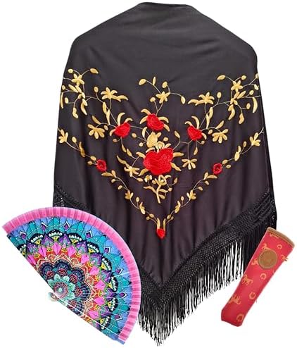 Mantón Negro, Abanico de Madera con Flores pintadas a Mano (Model...