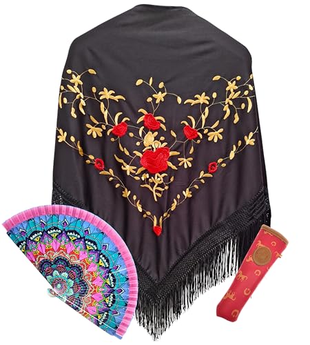 Pack Tradicional Español: Mantón Negro con Bordado de...