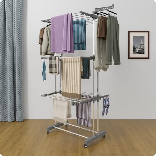 Image of Amiraj Premium Stainless Steel Clothes Drying Stand | 3 Tier 2 Pole Foldable Laundry Rack with Wheels & Sock Holder | Heavy Duty Indoor & Outdoor Cloth Dryer for Balcony, Terrace & Home - Gray