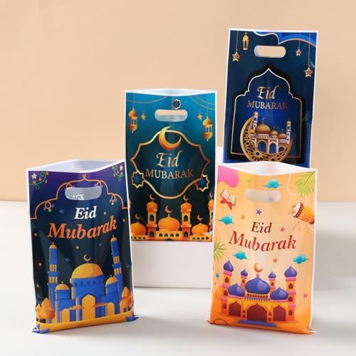 25 peças de sacos de presente Eid Mubarak, mesquita muçulmana mista impressão de estrelas tema Ramadã sacos de doces de plástico com alça, bolsa de lanche para decorações de presentes de festa